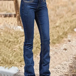Ladies' dark blue slimming studded denim pants