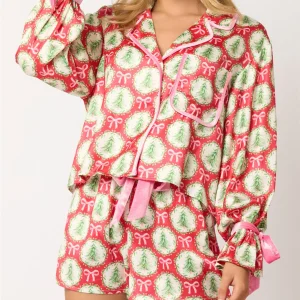 Pajamas Women Bow Tie Long Sleeve Sleepwear