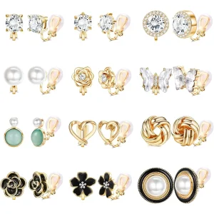 12 Pairs Comfortable Clip on Earrings for Women Sparklrd Crystal Clip Earring CZ Cute Clip on Stud Earrings Non Piercing Jewelry