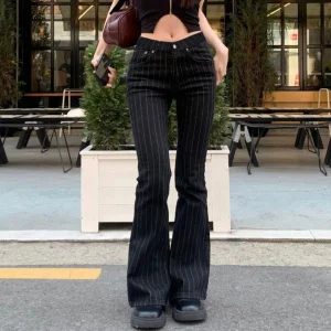 2000s Clothes Y2k Low Rise Boot Cut Jeans Woman Casual Black Striped Denim Trousers Streetwear Flare Pants P77-DD25