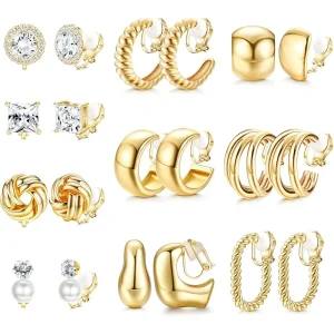 10Pairs Clip On Earrings for Women Non Pierced Ears CZ Pearl Knot Twist Chunky Hoop and Studs Earring Set Ear Clips Jewelry